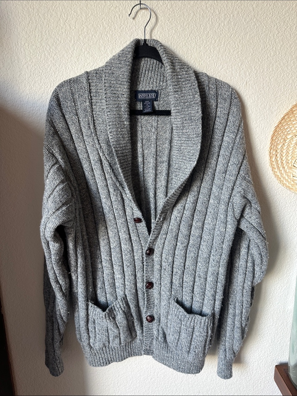 Lands' End Men's Shawl Collar Gray Ribbed Cardigan